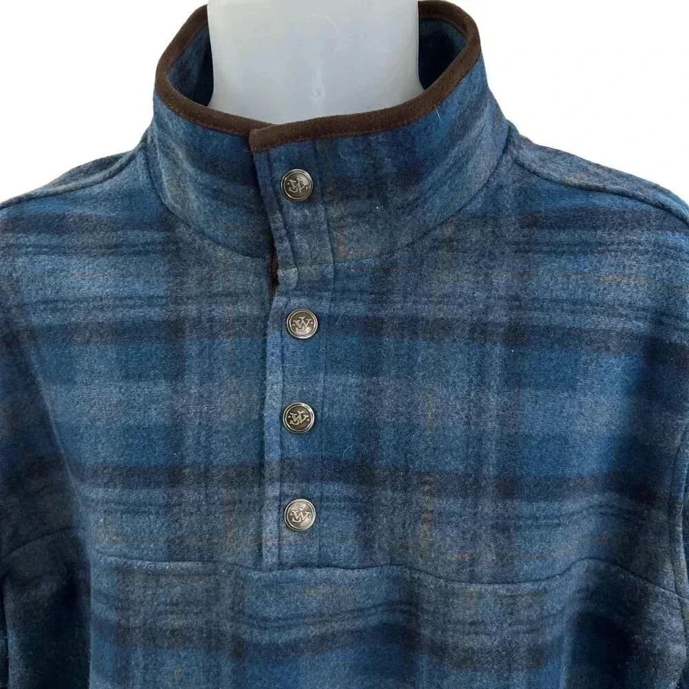 John Wayne XL M Wooly Fleece Pullover Henley Sweater Blue Plaid Snap Neck DUKE - Picture 3 of 13